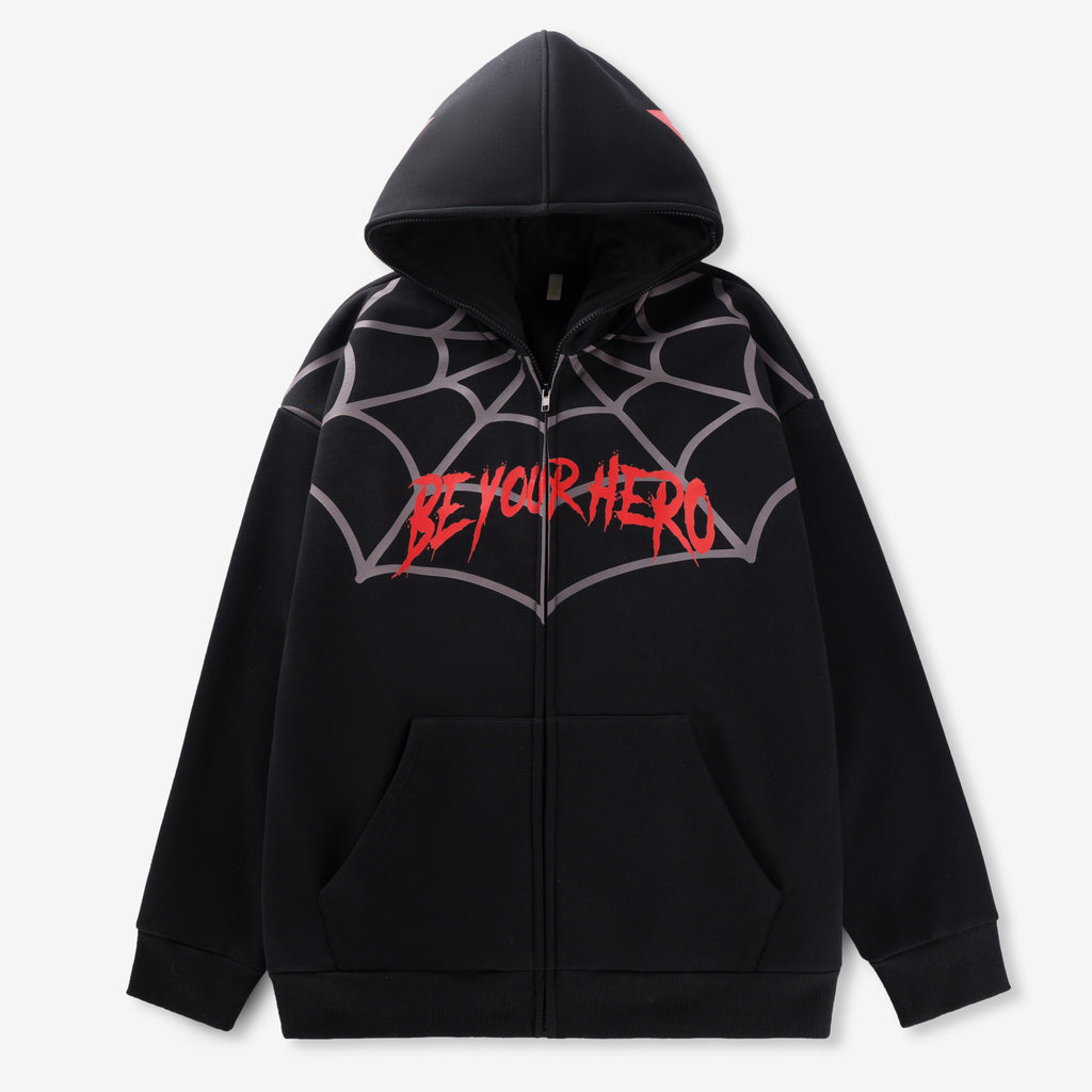 “Be Your Hero” Spider Web Hoodie | 70% Cotton 30% Polyester | Streetwear Graphic Sweatshirt with Masked Hood