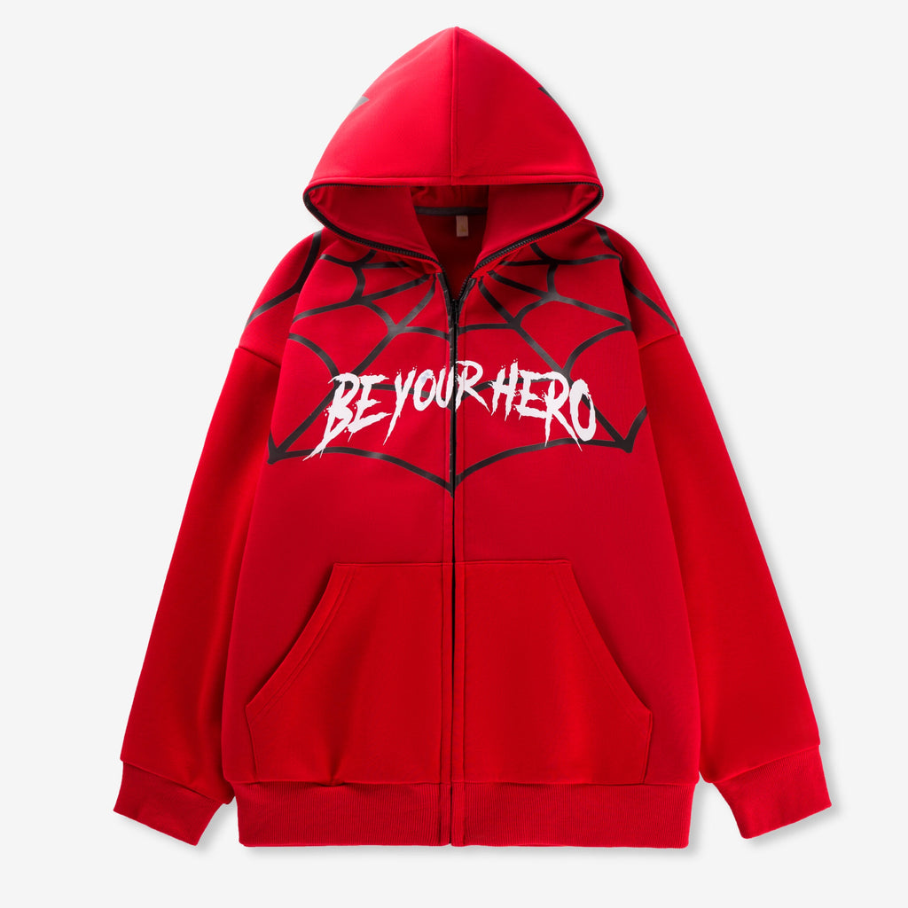 “Be Your Hero” Spider Web Hoodie | 70% Cotton 30% Polyester | Streetwear Graphic Sweatshirt with Masked Hood