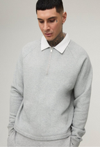 Juese Grey Zip-Up Polo Sweatshirt | Raglan Sleeve | 100% Cotton Casual Pullover
