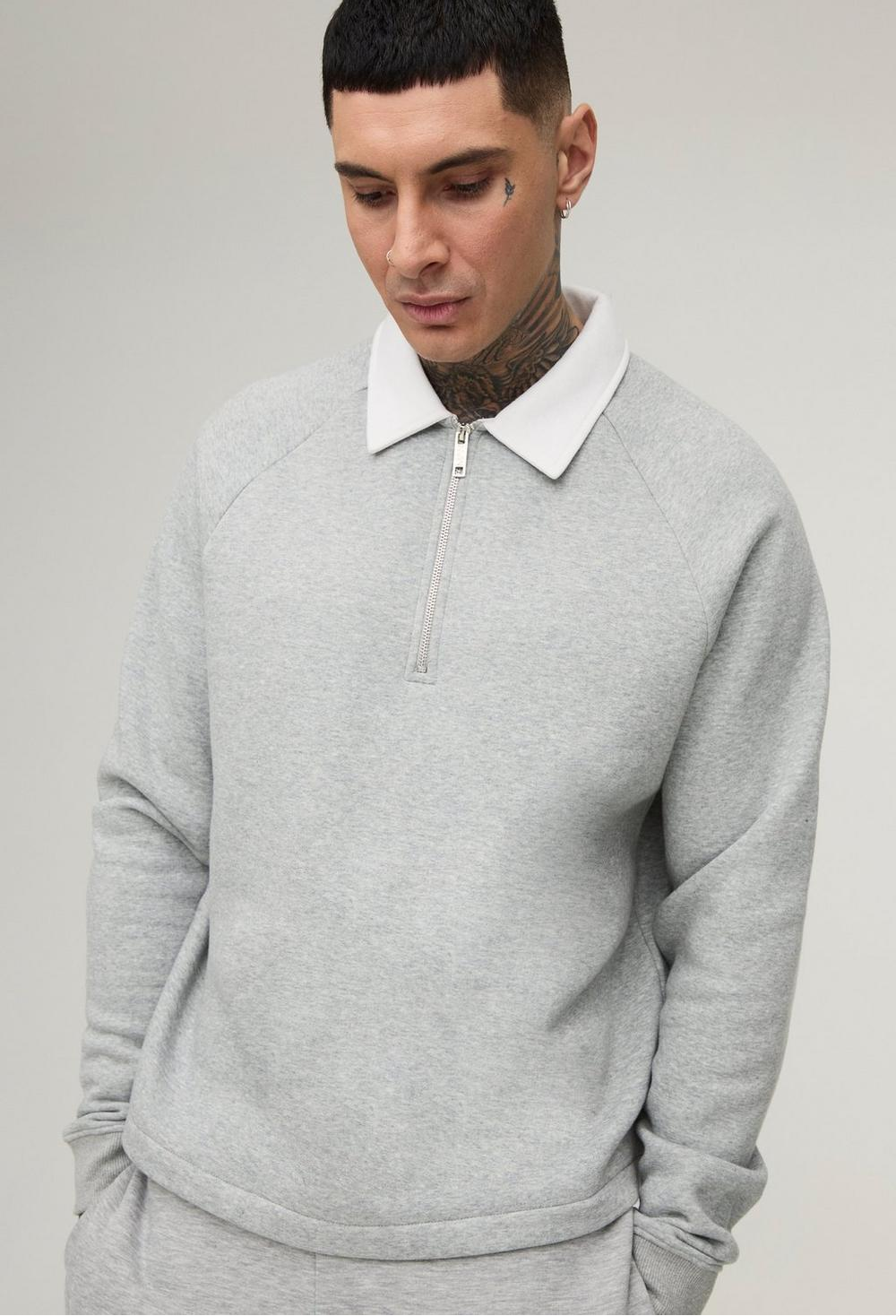 Juese Grey Zip-Up Polo Sweatshirt | Raglan Sleeve | 100% Cotton Casual Pullover