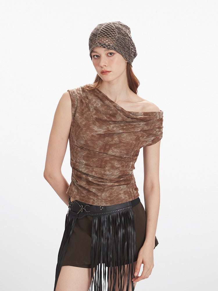 Tie-dye short-sleeved vest with ruffled waist and slim-fit sleeveless top
