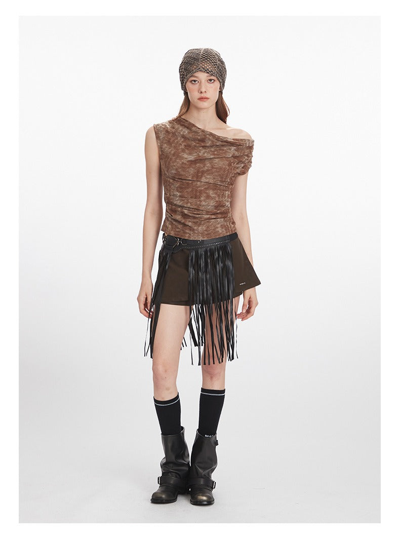 Tie-dye short-sleeved vest with ruffled waist and slim-fit sleeveless top
