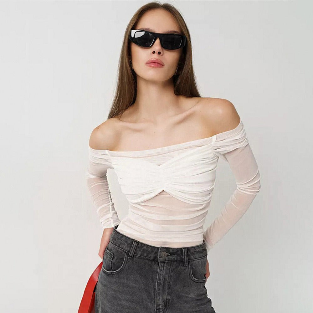 women’s fashionable boat neck mesh top Pleated see-through tights