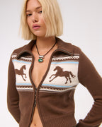 Retro Horse Pattern Brown Knitted Cardigan