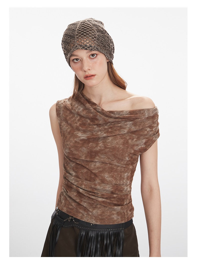 Tie-dye short-sleeved vest with ruffled waist and slim-fit sleeveless top