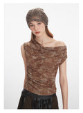 Tie-dye short-sleeved vest with ruffled waist and slim-fit sleeveless top
