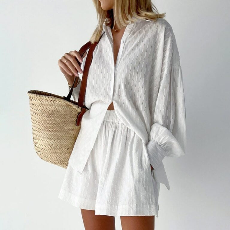 Shirt jacquard puff sleeve temperament top shorts commuter design casual suit