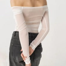 women’s fashionable boat neck mesh top Pleated see-through tights