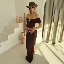 Sexy gathered one-shoulder top and fashionable hot girl hip skirt suit