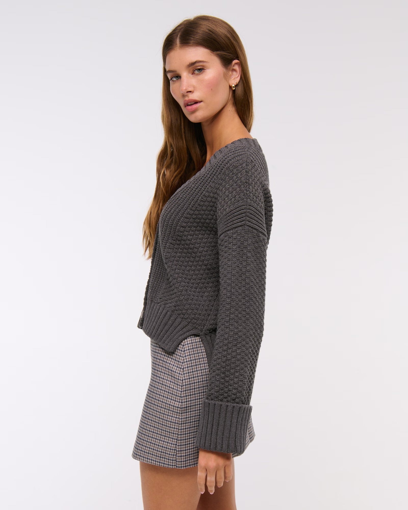 Textured Button Short – length Dark Gray Sweater Coat
