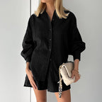 Shirt jacquard puff sleeve temperament top shorts commuter design casual suit