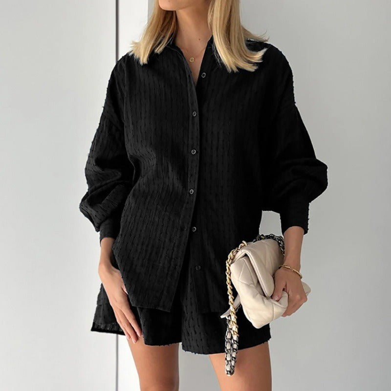 Shirt jacquard puff sleeve temperament top shorts commuter design casual suit