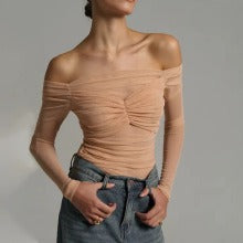 women’s fashionable boat neck mesh top Pleated see-through tights
