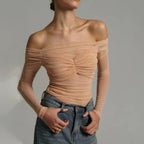 women’s fashionable boat neck mesh top Pleated see-through tights
