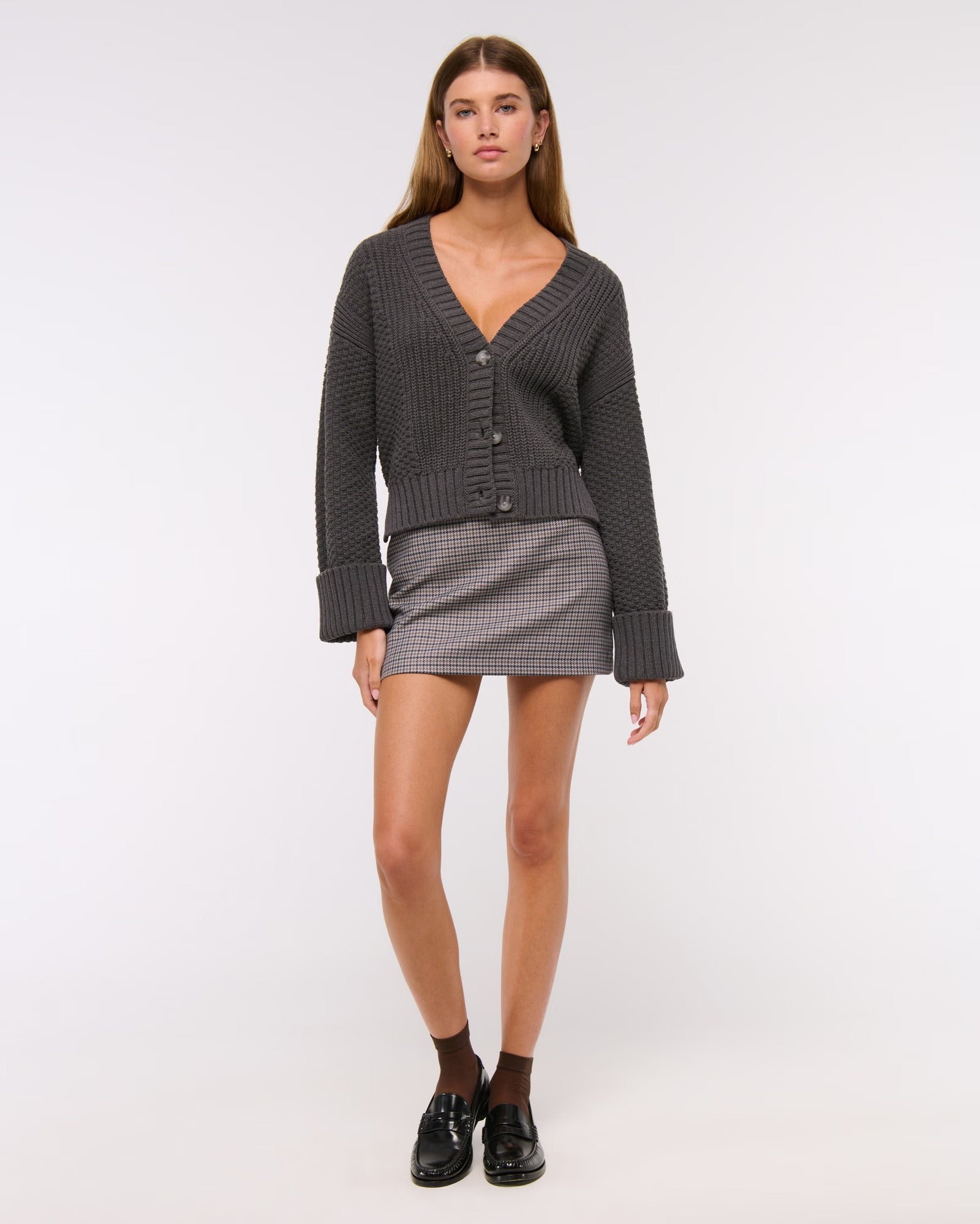 Textured Button Short – length Dark Gray Sweater Coat