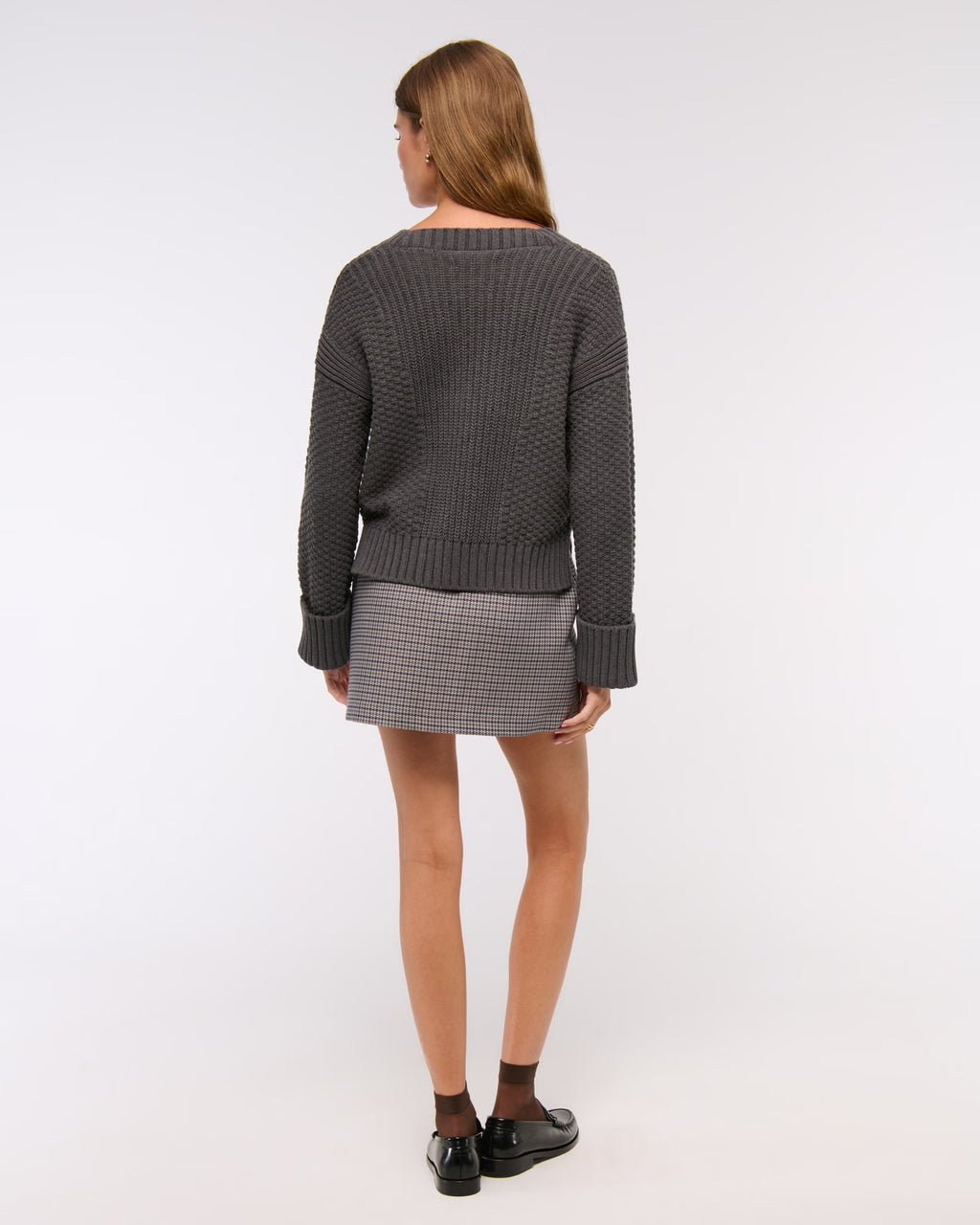 Textured Button Short – length Dark Gray Sweater Coat