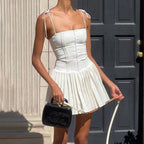 Backless pleated suspender skirt White sexy pure style dress