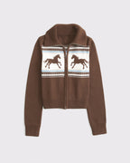 Retro Horse Pattern Brown Knitted Cardigan