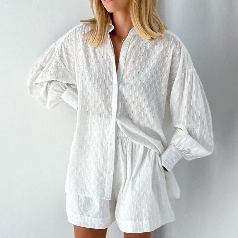 Shirt jacquard puff sleeve temperament top shorts commuter design casual suit
