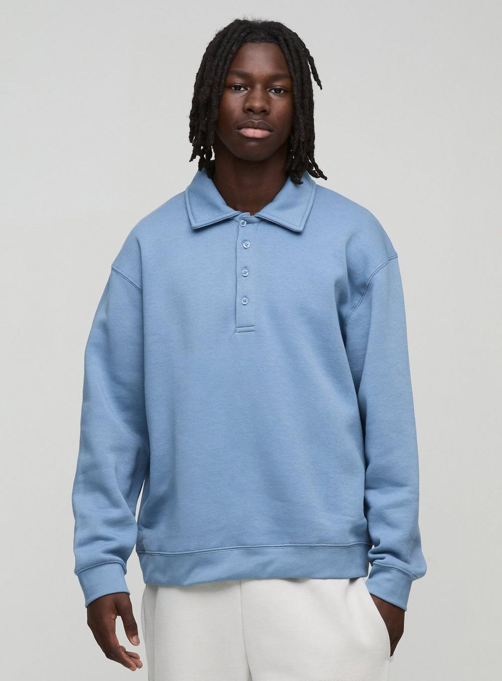 Juese Blue Polo Sweatshirt | 100% Cotton | Long Sleeve Casual Top