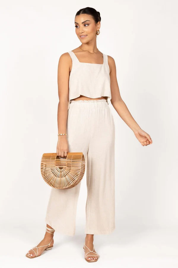 Square-neck basic sleeveless trousers apricot suit