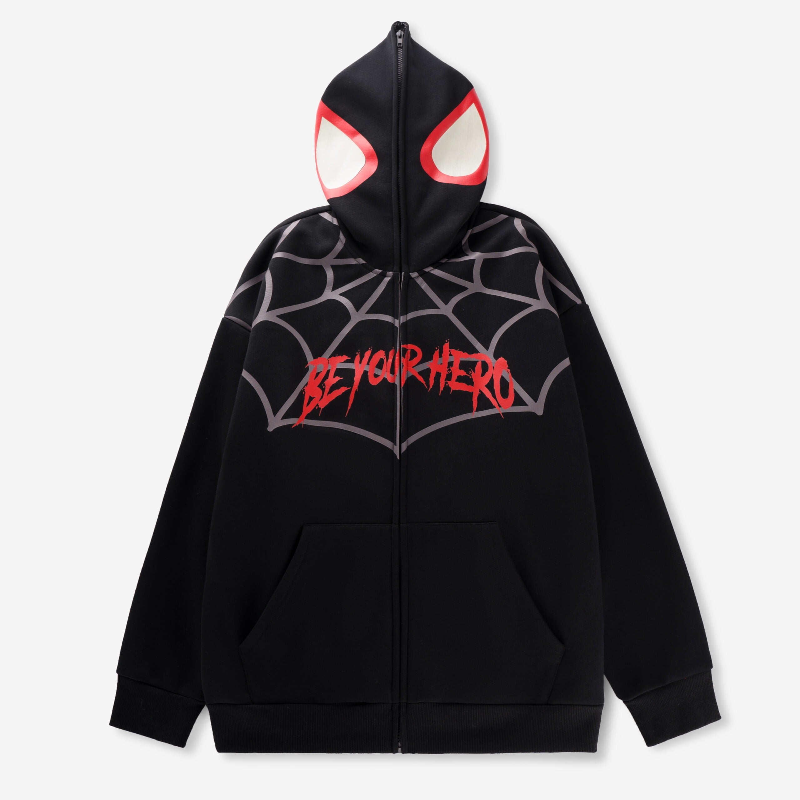 “Be Your Hero” Spider Web Hoodie | 70% Cotton 30% Polyester | Streetwear Graphic Sweatshirt with Masked Hood